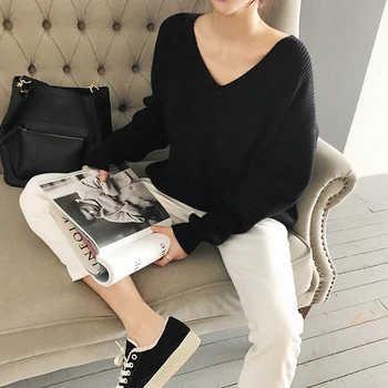 Leiouna Gadījuma Džemperi ar V-veida kakla Cieto garām Piedurknēm 2020. Gadam, Modes korejiešu Stilā, Adīšanas Gadījuma Rudens Ziemas Džemperis Sievietēm