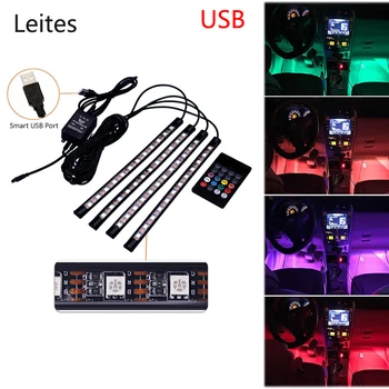 Leites 4GAB 48led USB Mūzikas Skaņas Aktīvo Automašīnas salona LED Sloksnes Gaismas DC12V Auto Atmosfēru Gaismas Underdash Apgaismojums Sloksnes Komplekts