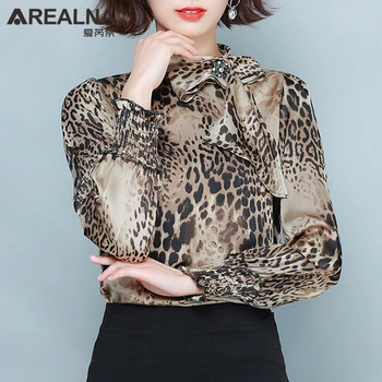 Leopard Puff garām Piedurknēm Blūze Sievietēm ar tauriņu Modes Sieviete, Blūzes 2020. Gadam Eleganta Šifona Kreklu Plus Lieluma Dāmas Biroja Topi