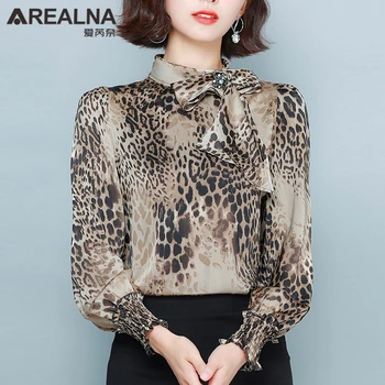 Leopard Puff garām Piedurknēm Blūze Sievietēm ar tauriņu Modes Sieviete, Blūzes 2020. Gadam Eleganta Šifona Kreklu Plus Lieluma Dāmas Biroja Topi