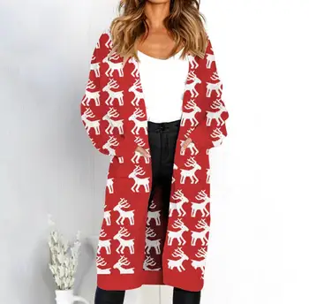 Leopards drukāt ilgi jakas ziemas drēbes sievietēm atvērto valdziņu rudens kabatas slim gadījuma trikotāžas džemperis mētelis Ziemassvētku apģērbs