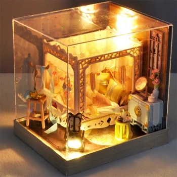 Leļļu namiņš Miniatūras ar Mēbelēm, DIY Koka Namiņš Komplektu Plus Putekļu Pierādījums , 1:24 Tiny Ēkā Komplekta，(Ķīnas Seno）