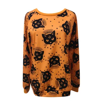Lielgabarīta Sieviešu Modes Halloween Elements Drukāt garām piedurknēm Krekls Ikdienas pelēkā vārna Apaļu Kakla Blūze Rudens Džemperis aachoae