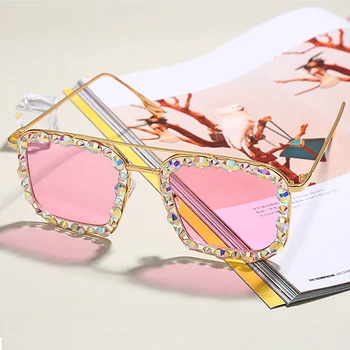 Lielizmēra Kvadrātveida Dimanta Saulesbrilles Sieviešu 2020. Gadam Krāsains Luksusa Kristāla Punk Saulesbrilles Dāmām, Briļļu Modes Rhinestone okulary