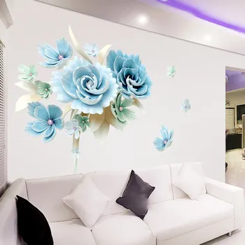 Liels 3D DIY Zilu Ziedu Sienas Uzlīmes Mūsdienu Uzlīmes Sienu Apdarei Dzīvojamās Istabas Noņemams Sienas Tapetes Mākslas Mājas Bildītes