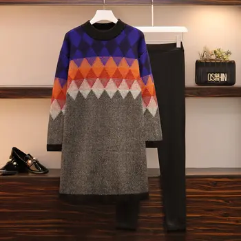 Liels Metri, Izmērs XL-5XL Couture korejas Modes garām Piedurknēm Džemperis Džemperis Slim Pencil Bikses 2 Gab Apģērbu Komplekts Trikotāžas Kostīmi