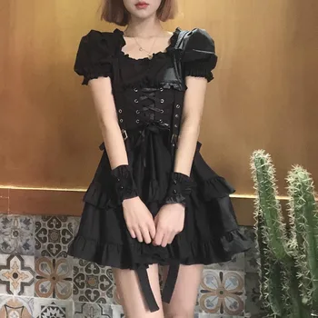 Lolita Black Gothic Japāņu Viktorijas Renesanses Sieviešu Retro Šiks Punk Stila Puff Piedurknēm Pārsējs Mini Kleita Meitene Kleitas