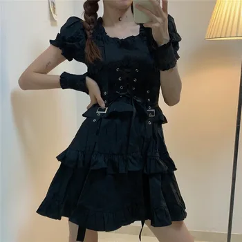 Lolita Black Gothic Japāņu Viktorijas Renesanses Sieviešu Retro Šiks Punk Stila Puff Piedurknēm Pārsējs Mini Kleita Meitene Kleitas