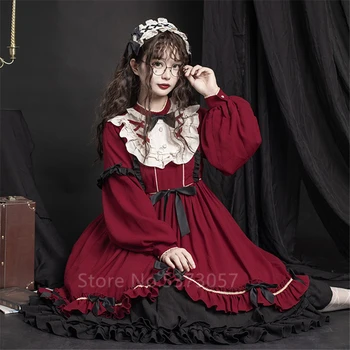 Lolita OP Dress Mīksta Māsa Japāņu Stila Retro Loku Savirmot Long Sleeve Black Red Princese Tēja Puse Kleita Sievietēm Cosplay Kostīms