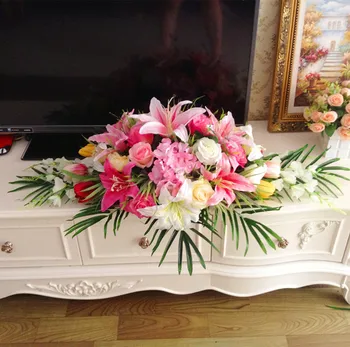 Luksusa DIY kāzu galda dekori, ziedu runner mākslīgo ziedu rindu izkārtojums galda centerpieces, roze, lilija peonijas, zaļo lapu