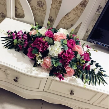 Luksusa DIY kāzu galda dekori, ziedu runner mākslīgo ziedu rindu izkārtojums galda centerpieces, roze, lilija peonijas, zaļo lapu