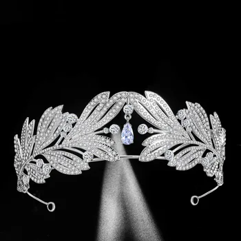Luksusa Kubikmetru Zircon Vainaga Crystal Lapu Kāzu Tiaras Rhinestone Diadem Gājienā CZ Vainagi, Līgavu Galvas stīpa Kāzu Matu Aksesuāri
