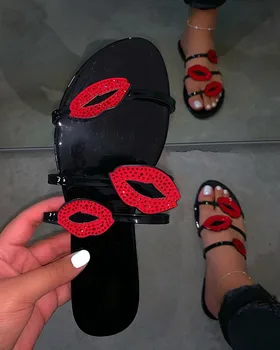 Luksusa Sieviešu Čības PVC Vienīgais Plakana Papēža Bling Lūpām Kristāla Atvērtu Purngalu Āra Pludmales Slaidi Modes Sexy Kurpes Sandales Dāmas 2020