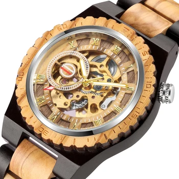 Luksusa Vīriešu Skatīties, Automātisko, Mehāniskās Koka Skatīties Romiešu Cipariem Displejs Koka Rokassprādze rokas Pulkstenis Radošo Vīriešu Pulkstenis Reloj