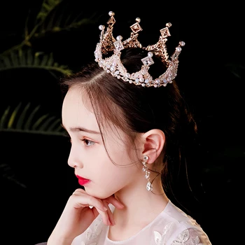 Luksusa Zelta Pērle Bērniem Vainaga Crystal Rhinestone Kārta Tiara Vainagi Bērniem, Meitenēm, Sievietēm Un Princeses Diadēmas Un Uz Kāzu Rotas, Matu