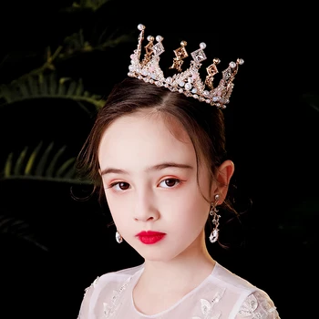 Luksusa Zelta Pērle Bērniem Vainaga Crystal Rhinestone Kārta Tiara Vainagi Bērniem, Meitenēm, Sievietēm Un Princeses Diadēmas Un Uz Kāzu Rotas, Matu