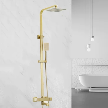 Luksusa nerūsējošā zelta suku termostata dušas maisītājs lietus dušas krāna matēta zelta vanna duša pieskarieties karstā un aukstā dušā