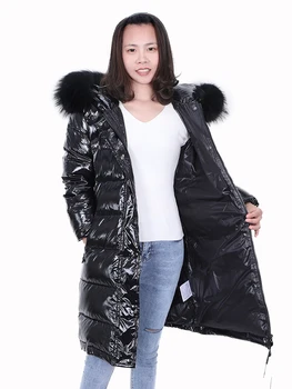MAOMAOKONG ziemu balta pīle uz leju uzliku nekustamā jenots kažokādas apkakle siltu melnu spīdīgu streetwear jaka dāmas