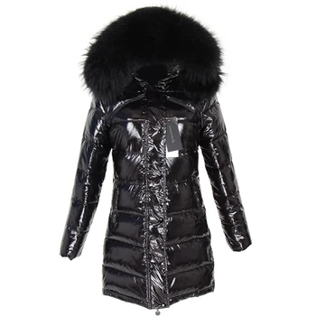 MAOMAOKONG ziemu balta pīle uz leju uzliku nekustamā jenots kažokādas apkakle siltu melnu spīdīgu streetwear jaka dāmas