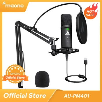 MAONO PM401 USB Mikrofonu Komplekts 192KHz/24Bit Microfone Profesionālās Cardioid Kondensatoru Podcast ar Mic Izslēgtu Poga & Audio Jack