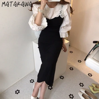MATAKAWA Dobi No Mežģīņu Lielais Atloks Dāmas Blūzes Korejas Šiks Salds, Balts Burbulis Piedurknēm Blusas Mujer De Moda 2020