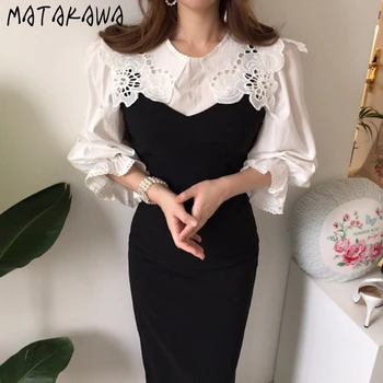 MATAKAWA Dobi No Mežģīņu Lielais Atloks Dāmas Blūzes Korejas Šiks Salds, Balts Burbulis Piedurknēm Blusas Mujer De Moda 2020