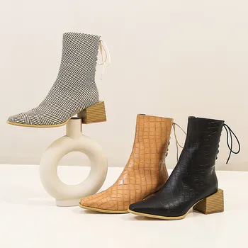 MEMUNIA 2020. gadam, liela izmēra 48 jaunas modes kvadrātveida papēdi ikdienas apavi sieviešu apavi zābaki zip krusta saistīts rudens ziemas sievieti zābaki