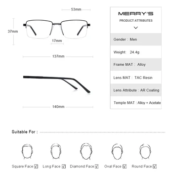 MERRYS DIZAINA Vīriešu Titāna Sakausējuma Brilles Rāmis Pusi Optisko Rāmis Biznesa Stils Ultravieglajiem Tuvredzība Recepšu Brilles S2185