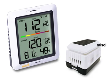 MISOL/ PM2.5 gaisa kvalitātes testeri monitoru, bezvadu, ar iekštelpu temperatūra un mitrums, saules powered