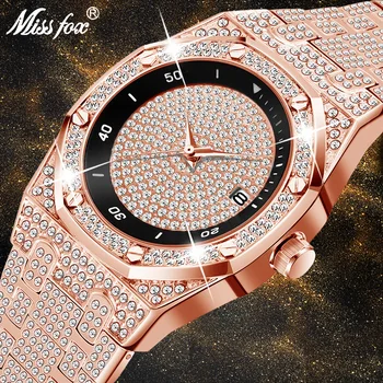 MISSFOX Skatīties Uz Vīriešiem Luksusa Gadījuma Ledus Ārā Skatīties Biznesa Kalendārs Rose Gold Pilna Dimanta Siksniņa, rokas pulksteņi Ziemassvētku dāvana
