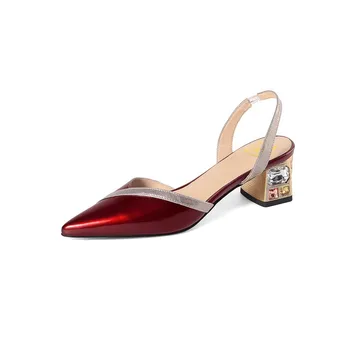 MLJUESE 2020. gadam sieviešu sandales govs ādas norādīja toe vīna sarkanā krāsa kristāla augstiem papēžiem pludmales sandales puse kleita kāzu izmēru 42