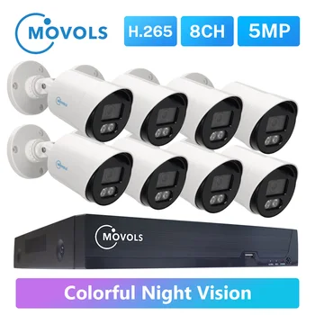 MOVOLS 5MP Krāsains Nakts Redzamības Novērošanas Sistēmas 8CH H. 265+ P2P DVR Āra Ūdensizturīgs Mājas CCTV Drošības Kameras Sistēmas Komplekts
