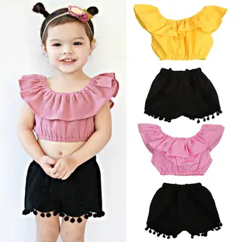 MUMS, Bērniem, Baby Girl Apģērbu Vasaras vienkrāsainu Pie Pleca Rasa, Vēders Kultūru Augšējā Tvertne+Kokvilnas Bumbu Īsās Bikses Tērpiem