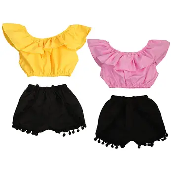 MUMS, Bērniem, Baby Girl Apģērbu Vasaras vienkrāsainu Pie Pleca Rasa, Vēders Kultūru Augšējā Tvertne+Kokvilnas Bumbu Īsās Bikses Tērpiem