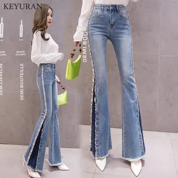 Mamma Zilā krāsā ar Augstu Vidukli, Nieru Džinsi Draugs Apakšā Skinny Džinsa sieviešu Džinsi Sieviešu Frēzēšana Plaša Kāju Vintage Jeans Plus Izmērs 2XL