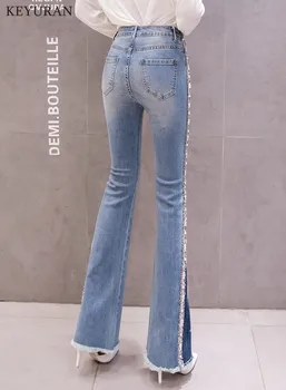 Mamma Zilā krāsā ar Augstu Vidukli, Nieru Džinsi Draugs Apakšā Skinny Džinsa sieviešu Džinsi Sieviešu Frēzēšana Plaša Kāju Vintage Jeans Plus Izmērs 2XL