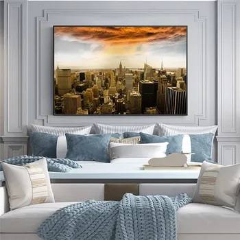 Manhattan Skyline Ainavu Audekla, Gleznas pie Sienas, Mākslas Plakāti un Izdrukas New York City Saulrietu Mākslas Ainu Mājas Dekoru