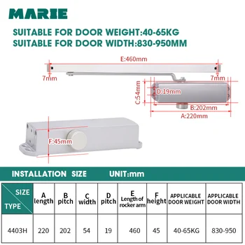 Marie4403H Sudraba Automātisko Durvju Tuvāk Hidrauliskās Rezerves Izslēgšanas Aizvēršanas Ātrums Regulējams Pozicionēšanas 40-65kg Durvju Kontrolieris