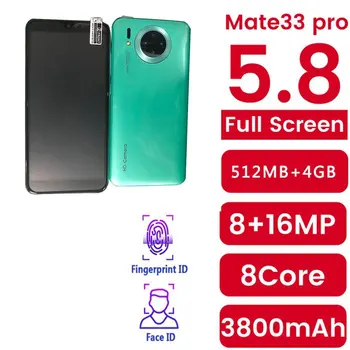 Mate33 Pro Viedtālrunis ar 512M+4GGB Lielu Atmiņas 5.8 Collu Ekrāns Atbalsta Face/pirkstu Nospiedumu Atslēgt Dual SIM Mobilie Telefoni