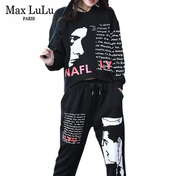 Max LuLu Eiropas Pavasara Dizaineru Tērpi Sievietēm Vintage Zaudēt Iespiesti Divi Gabali Komplekti Dāmas Ikdienas Topi Un Elastīga Harēma Bikses