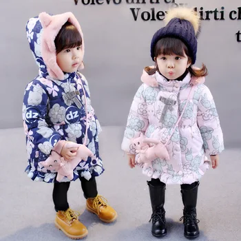 Meitene Parkas Ziemas Snowsuit Modes Plus Samta Kokvilnas Apģērbs 2018 Jaunu Meiteni, Dzimšanas Dienas Dāvanu Drukāt Karikatūra Jauno Gadu Kostīms