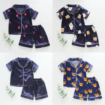 Meitenēm Pidžamas Komplekts Vasaras Īsām Piedurknēm Bērnu Sleepwear Uzstādīt Viltus Zīda Pidžamu Zēnu Pidžamas Komplekti Bērniem Mājās Valkā Apģērbu,