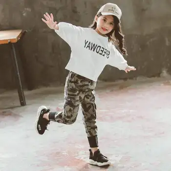 Meiteņu Apģērbu Komplekti 2020 Rudens Modes garām piedurknēm T-krekls + Kamuflāžas Bikses Meiteņu Drēbes 6 8 10 12 Gadiem, Pusaudžu Apģērbi