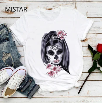 Meksika Dienā, Dead cukura galvaskausa smieklīgi t-krekls sievietēm jauno vasaras baltie topi, t krekli, sieviešu t-veida krekls ar īsām piedurknēm drukāts femme