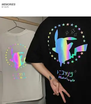 Melns Kokvilnas Atstarojošs T Krekls Streetwear Harajuku Lielgabarīta T Japānas Sieviešu Vasaras Kawaii Amīnu High Street T Krekli Sieviešu