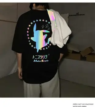 Melns Kokvilnas Atstarojošs T Krekls Streetwear Harajuku Lielgabarīta T Japānas Sieviešu Vasaras Kawaii Amīnu High Street T Krekli Sieviešu