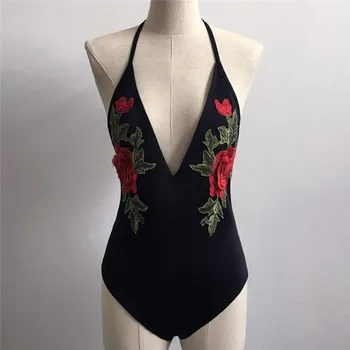 Melns V-Veida Kakla Backless Pavada Bodysuit Sieviešu Modes Ziedu Romper Tērpiem Femme Sexy Slim Izšūti Apģērbi