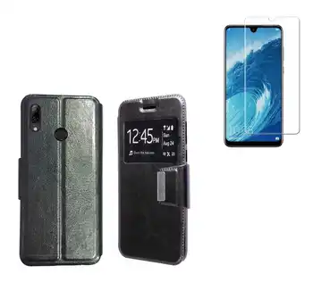 Melns logs grāmatu gadījumā Huawei P Smart 2019 / P Smart Plus 2019 / Gods 10 lite (6.2) + rūdīta stikla Aizsargs