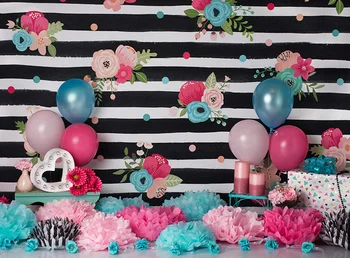 Melnā Un Baltā Svītrainām Ziedu Lapām, Balonu Puķes dzimšanas dienas svinībām foto fona fotogrāfija backdrops kvalitātes vinila
