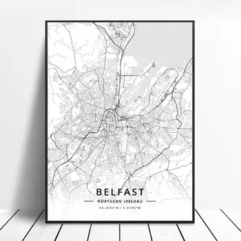 Melnā un Baltā Belfāstā, Ziemeļīrijā Platuma / Garuma grādi Audekls Mākslas Karti Plakāts